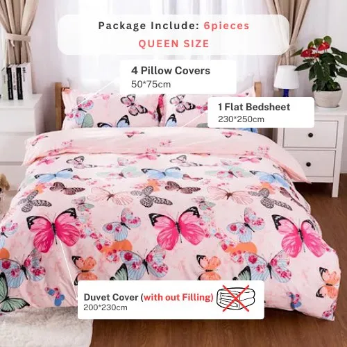 Queen/Double size Bedding Set of 6 pieces, Butterfly Design.