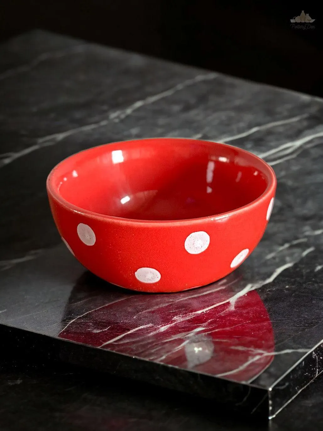 Red Polka Dots Dessert Bowl | Height 4.5 cm | Diameter 9.5 cm | Hand Painted |  Set of 1 | Ceramic Pottery | Ideal for serving desserts or curry food items