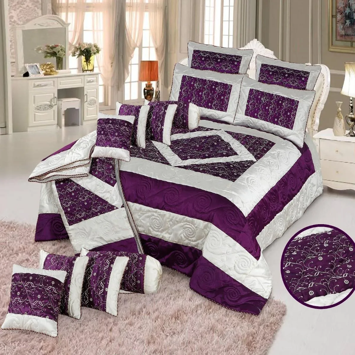 Salerno 14 Pcs Silk Quilted & Embroidered Purple Bedspread Set