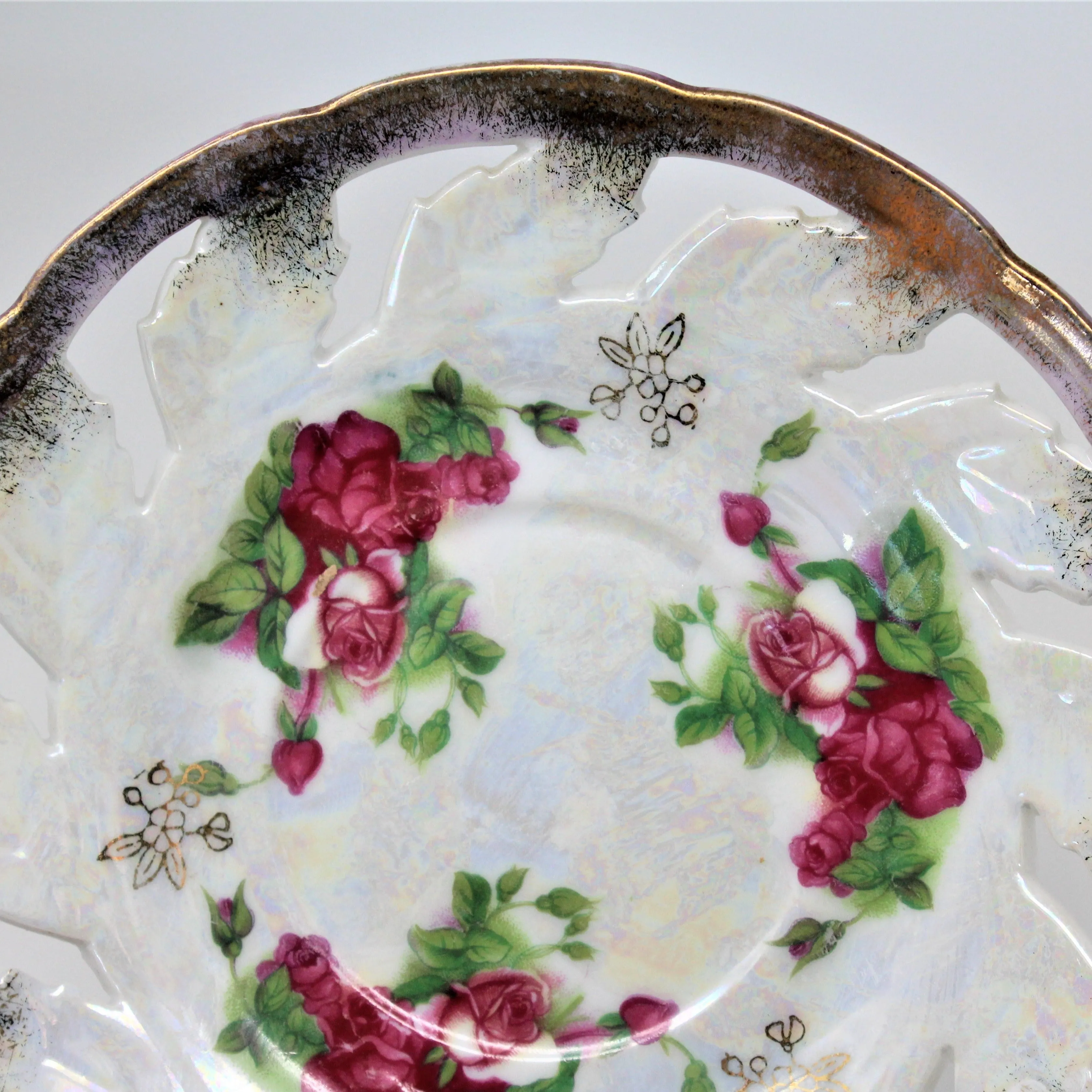 Saucer / Plate, Fred Roberts Co, Reticulated Iridescent Lusterware, Pink Roses, Vintage