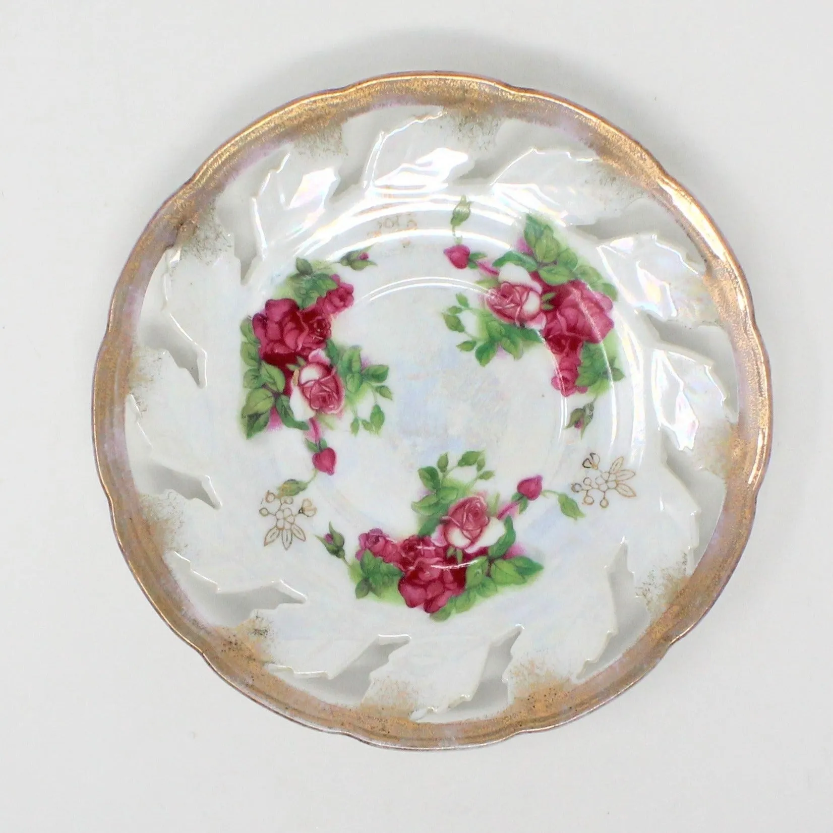 Saucer / Plate, Fred Roberts Co, Reticulated Iridescent Lusterware, Pink Roses, Vintage