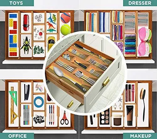 SKATCO Bamboo Drawer Dividers - Spring Adjustable Kitchen Drawer Organizers - Set of 4 Bamboo Drawer Organizer - Drawer Divider for the Kitchen, Bedroom, Dresser, Office, Bathroom - Natural