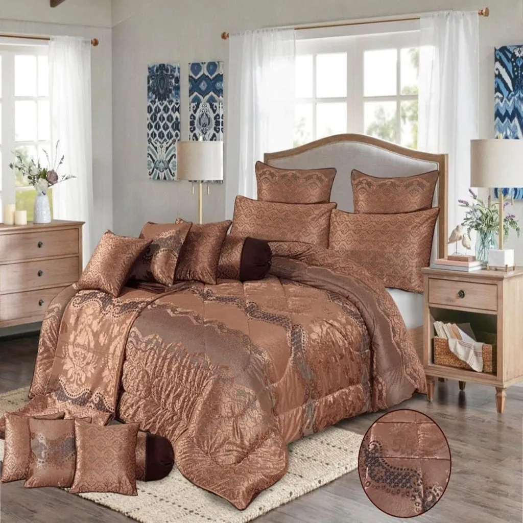 Syzygy 14 Pcs Velvet Dark Brown Bed Set with Filled Comforter