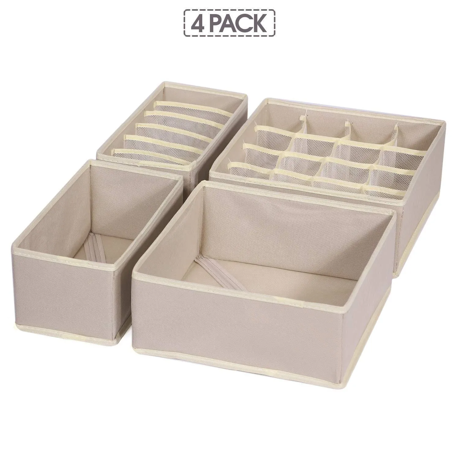 TENABORT Foldable Drawer Organizer Dividers Cloth Storage Box Closet Dresser Organizer Cube Fabric Containers Basket Bins for Underwear Bras Socks Panties Lingeries Nursery Baby Clothes Beige 4 Pack