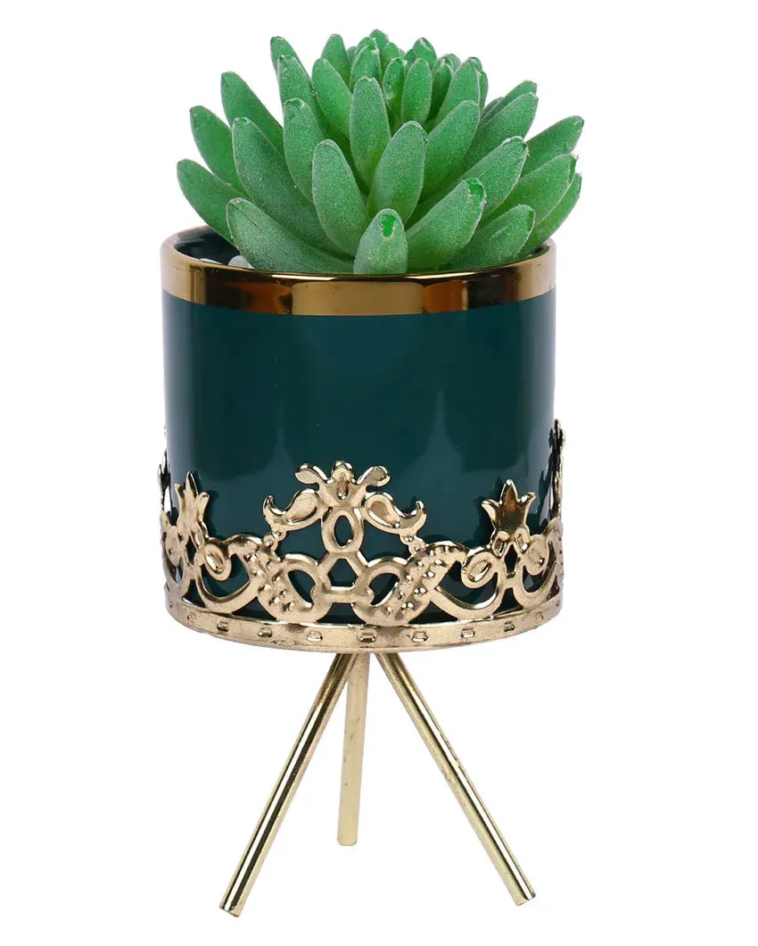 Urban Succulents Artificial Plant with Ceramic Pot & Metal Tripod Stand | 9 inches