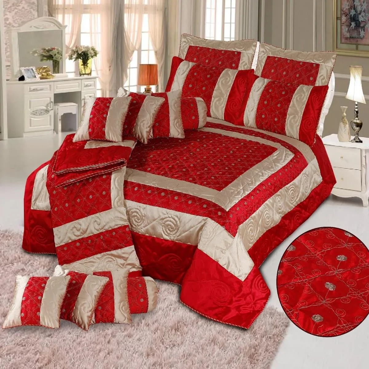 Valenti 14 Pcs Silk Quilted & Embroidered Red Bedspread Set