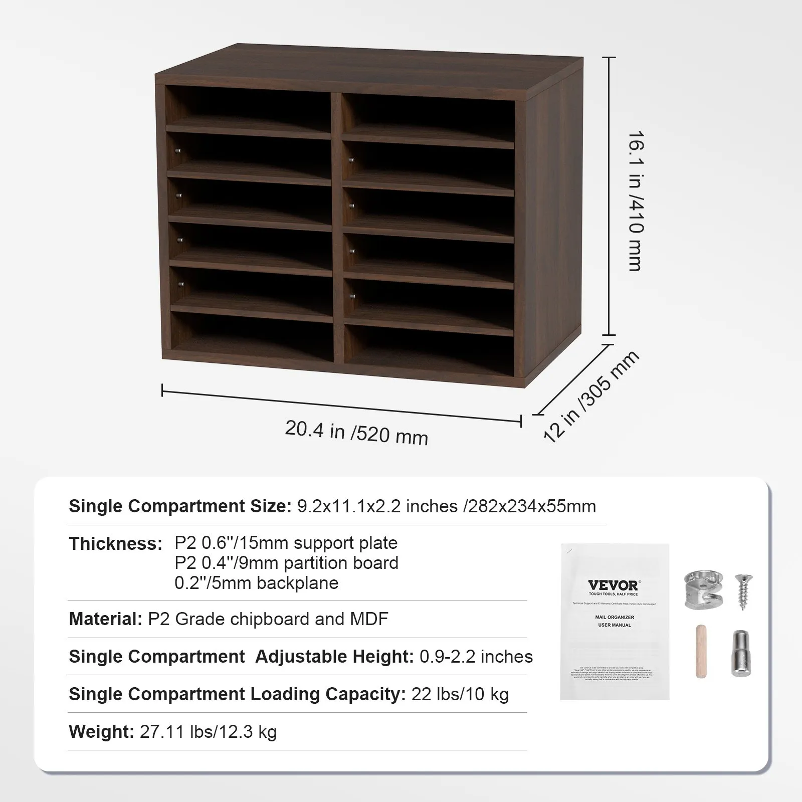 VEVOR Literature Organizers, 12 Compartments Office Mailbox with Adjustable Shelves