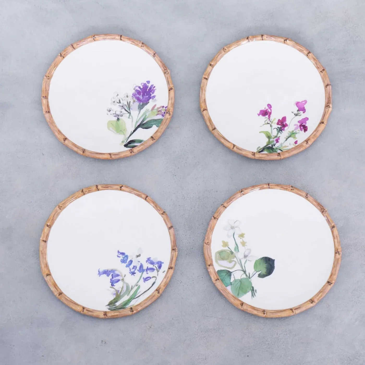 Vida Bamboo Floral Salad Plates Set of 4 (White and Multi)