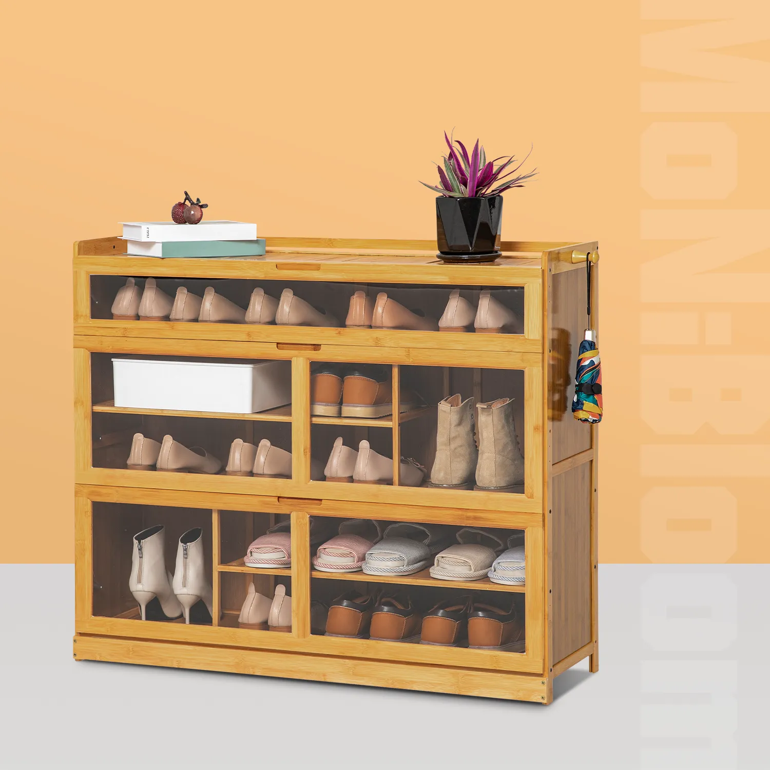 Visible Drop Down  Door Shoe Organizer w/Boots Compartments - Bamboo/Acrylic - Natural