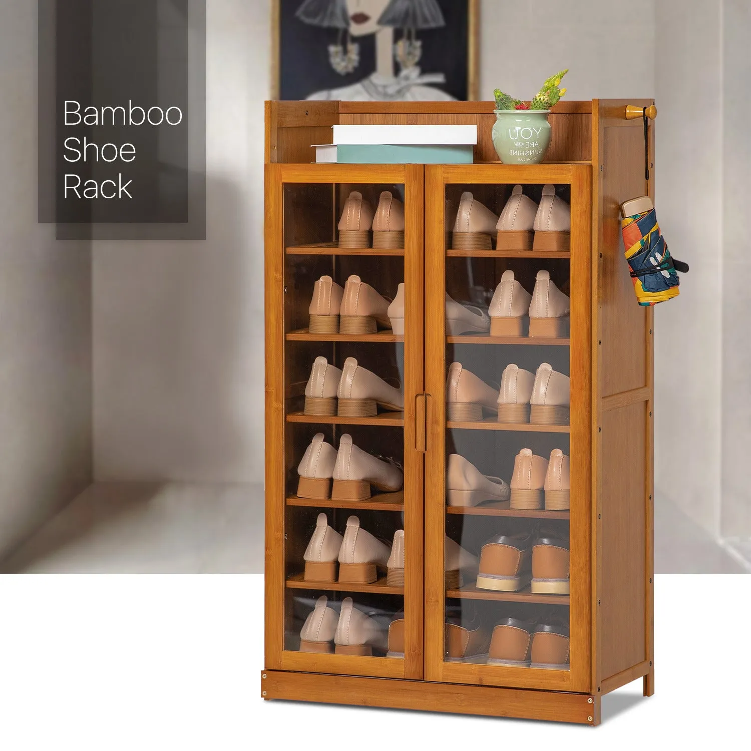 Visible Two-Doors Roofless Shoe Organizer - Bamboo/Acrylic - Brown