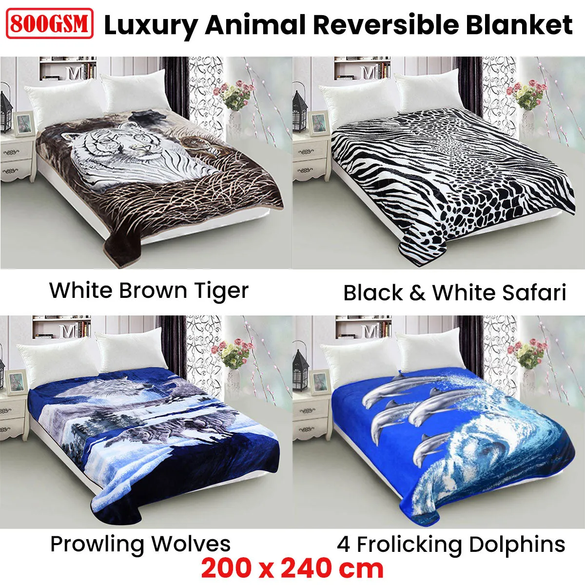 Whitney Throw Soft Blanket 800GSM Luxury Reversible Animal Mink Blanket Queen 200 x 240cm - Black & White Safari